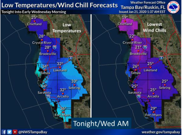 Low Temperatures-Wind Chill Forecasts 1-21 night to 1-22 morning, Tampa Bay area